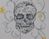 Carmen - Dia De Los Muertos Sugar Skull Yellow Flowers- Original Watercolor Painting Drawing -11X14 Artwork by Mia Vredenburg