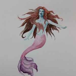 Ocean Mermaid - Fish Tail Mermaid Underwater - Original Watercolor Painting Drawing - 8X10 Artwork by Mia Vredenburg