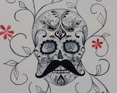 Javier -Dia De Los Muertos Sugar Skull Red Flowers- Original Watercolor Painting Drawing -11X14 Artwork by Mia Vredenburg