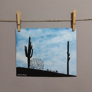 Follow the Leader - Cactus and Quail Desert Landscape - Original Watercolor Painting Drawing - 8x10 Artwork by Mia Vredenburg