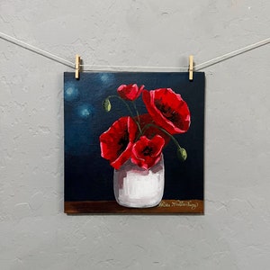 Poppy Bouquet - Original Acrylic Painting - Flower Bouquet Still Life Farmhouse Boho Home Decor - 6x6 Artwork by Mia Vredenburg