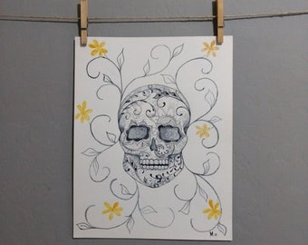 Carmen - Dia De Los Muertos Sugar Skull Yellow Flowers- Original Watercolor Painting Drawing -11X14 Artwork by Mia Vredenburg