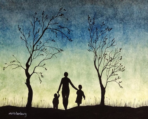 Us Mother and Children Landscape Sunset Mother's Day Original  Watercolor Painting Drawing 8x10 Artwork by Mia Vredenburg