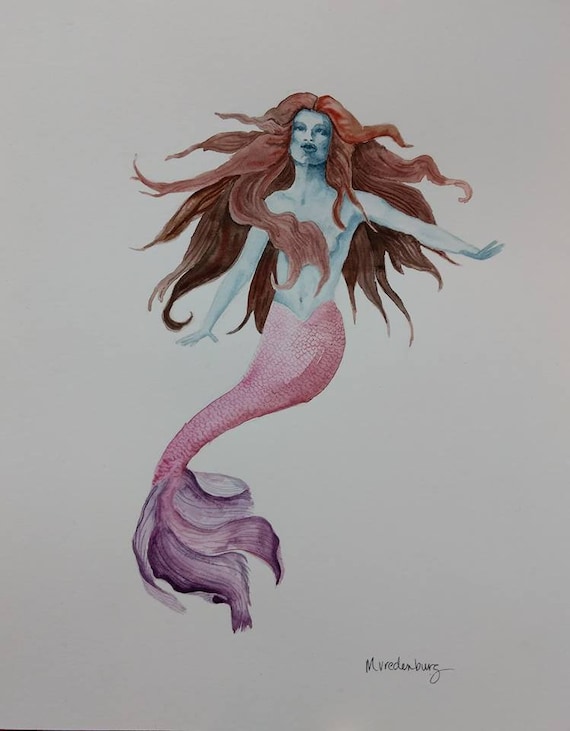Ocean Mermaid - Fish Tail Mermaid Underwater - Original Watercolor Painting  Drawing - 8X10 Artwork by Mia Vredenburg