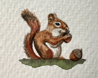 Aww Nuts! - Squirrel with Acorns Miniature Painting Woodland Animal Farmhouse Art - 5x7 Original Watercolor Painting by Mia Vredenburg