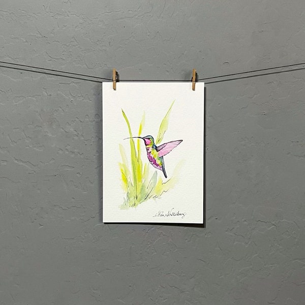 Flutter - Hummingbird Watercolor Painting Home Decor Bird Art - 5x7 Original Artwork by Mia Vredenburg