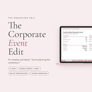 May include: A digital spreadsheet template for corporate event planning displayed on a laptop screen. The interface shows a Leadership Summit 2027 dashboard with sections for countdown, registration, budget, and speakers, plus 15 navigation tabs.