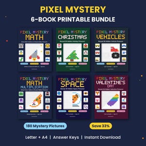 Könnte beinhalten: Ein 6-teiliges druckbares Buchpaket mit dem Titel Pixel Mystery zu den Themen Mathe, Weihnachten, Fahrzeuge, Multiplikation, Weltraum und Valentinstag. Jedes Buchcover zeigt eine Raster-Pixel-Art-Aktivität mit Symbolen.