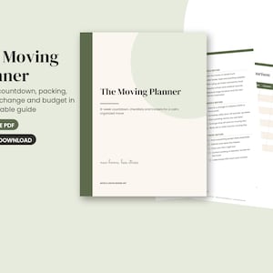 Könnte beinhalten: Ein druckbarer Umzugsplaner mit cremefarbenem Einband, dunkelgrünen Akzenten, einer kreisförmigen Grafik und dem Text The Moving Planner. Das Dokument enthält einen 8-Wochen-Countdown, Checklisten, Tracker und eine Vergleichstabelle.
