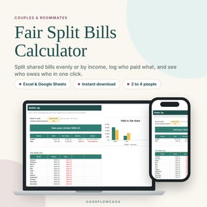 Puede incluir: Una calculadora digital para dividir facturas de forma justa entre parejas y compañeros de piso, compatible con Excel y Google Sheets. La interfaz muestra un panel Settle Up con tablas de gastos, un gráfico de barras y un resumen anual.