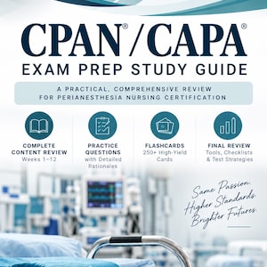 Puede incluir: Una guía de estudio de preparación para el examen CPAN/CAPA para la certificación de enfermería en perianestesia. La portada incluye texto como Knowledge, Clinical Reasoning, Patient Safety, Certification y Let's Life Together. Incluye iconos para revisión de contenido, preguntas de práctica, tarjetas didácticas y herramientas de revisión final.