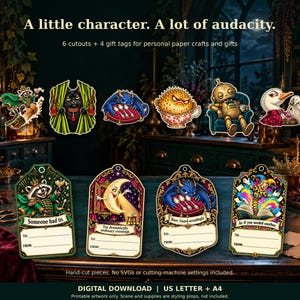 Six illustrated character cutouts above four coordinating gift tags with To and From spaces. Designs include a raccoon, cat, dragon and robot, displayed against a candlelit apothecary scene. Printable artwork for personal paper crafts and gifts; props are not included.