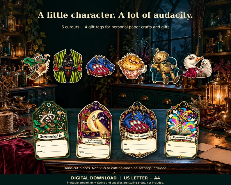Six illustrated character cutouts above four coordinating gift tags with To and From spaces. Designs include a raccoon, cat, dragon and robot, displayed against a candlelit apothecary scene. Printable artwork for personal paper crafts and gifts; props are not included.