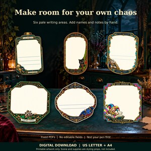 Six write-on label designs with pale blank writing areas, shown in two rows against an apothecary background. Three tall and three wide decorative frames provide space to add your own names and notes by hand after printing.