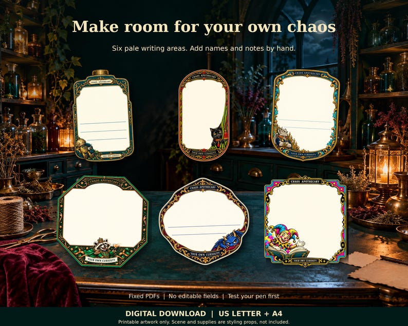 Six write-on label designs with pale blank writing areas, shown in two rows against an apothecary background. Three tall and three wide decorative frames provide space to add your own names and notes by hand after printing.