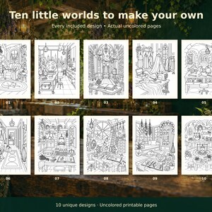 All ten included black-and-white Cozy Witchy Rooms designs in a two-row overview, numbered in customer PDF order.