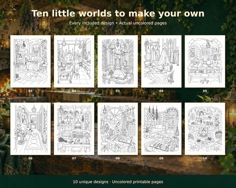 All ten included black-and-white Cozy Witchy Rooms designs in a two-row overview, numbered in customer PDF order.