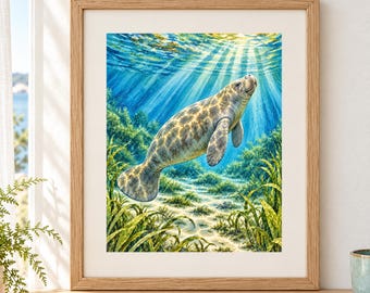 May include: A framed art print featuring a watercolor illustration of a manatee swimming underwater. The manatee is gray with mottled skin, positioned among green seagrass with sunlight rays filtering through the blue water surface.