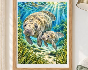 Mother and Baby Manatee Printable Wall Art, Watercolor Style Underwater Illustration, 8x10 and 4x5, Digital Download