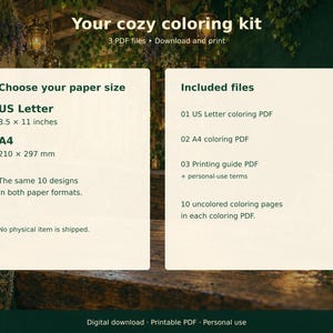 Download contents: US Letter and A4 PDFs with the same ten uncolored designs, plus a printing guide and personal-use terms.