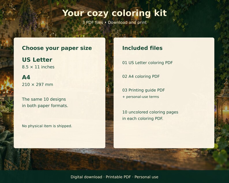 Download contents: US Letter and A4 PDFs with the same ten uncolored designs, plus a printing guide and personal-use terms.