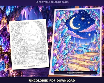 Crystal Sanctuaries Coloring Pages, 10 Gemstone Caves & Gardens (PDF Download)