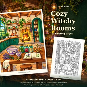 Cozy Witchy Rooms printable coloring pages staged in a warm witch cottage, with colorful kitchen inspiration and an included uncolored library design.