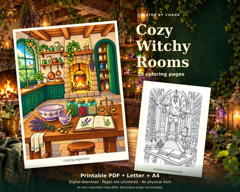 Cozy Witchy Rooms printable coloring pages staged in a warm witch cottage, with colorful kitchen inspiration and an included uncolored library design.