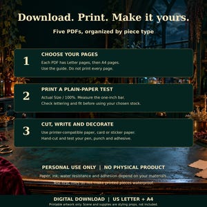 Download, print and make it yours: five PDFs organized by piece type. Three instruction panels explain choosing the correct paper-format page range, printing a plain-paper test at Actual Size or 100%, and cutting, writing and decorating. Personal use only; no physical product.