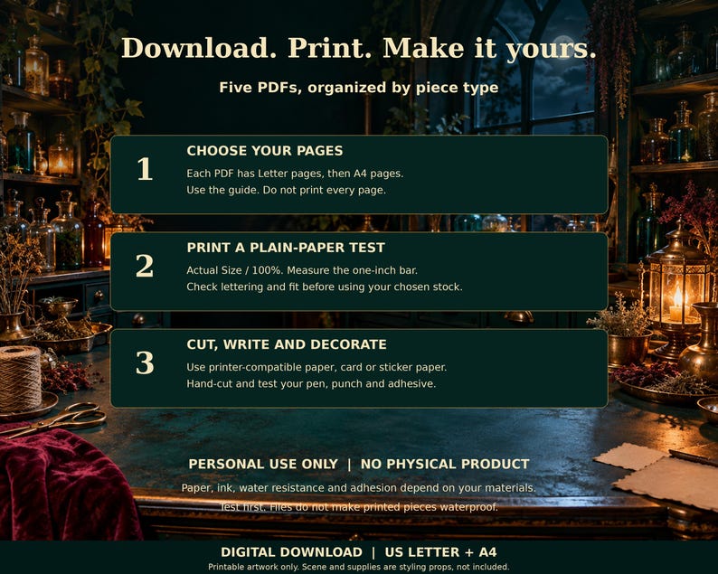 Download, print and make it yours: five PDFs organized by piece type. Three instruction panels explain choosing the correct paper-format page range, printing a plain-paper test at Actual Size or 100%, and cutting, writing and decorating. Personal use only; no physical product.