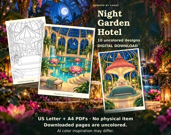 May include: A digital download set titled Night Garden Hotel featuring 10 uncolored designs. The image displays three rectangular prints showing a black and white line art bedroom, a blue pool with pink lotus flowers, and a bedroom with a mushroom-shaped roof.
