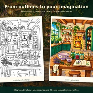 The original uncolored witch kitchen beside AI coloring inspiration showing green cabinetry, a glowing cauldron fireplace and purple herbs.