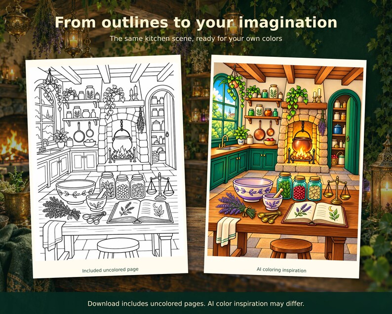 The original uncolored witch kitchen beside AI coloring inspiration showing green cabinetry, a glowing cauldron fireplace and purple herbs.