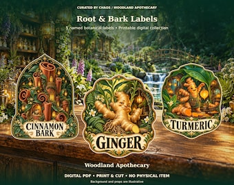 Woodland Apothecary Root and Bark Labels, 5 Printable Botanical Designs, Digital PDF