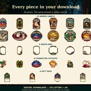 Full inventory of 28 printable pieces arranged on a cream background: 12 named illustrated labels, 6 blank write-on labels, 6 character cutouts and 4 gift tags. US Letter and A4 contain the same artwork.