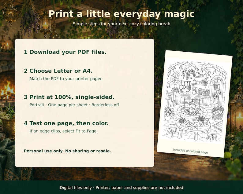 Printing steps: choose matching paper, print at 100 percent single-sided, test a page and use Fit to Page if an edge clips. Personal use only.
