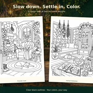 Two enlarged uncolored designs: a fireside nook with a sleeping cat and an herbal room with a rabbit.