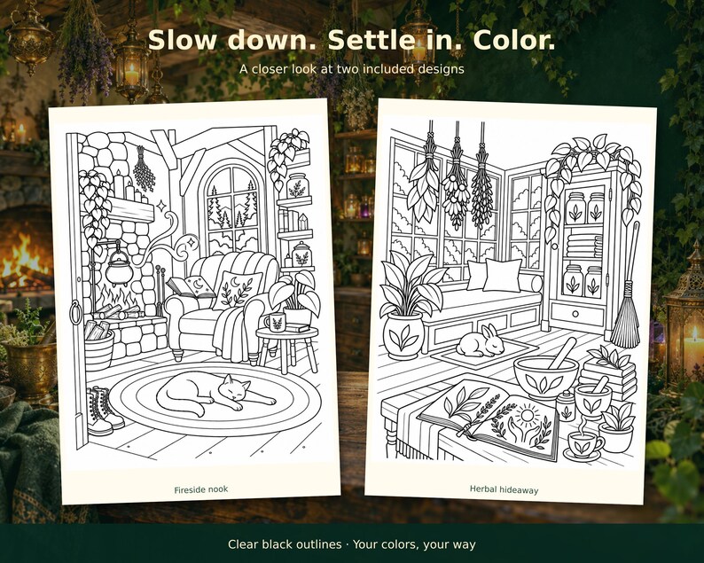 Two enlarged uncolored designs: a fireside nook with a sleeping cat and an herbal room with a rabbit.