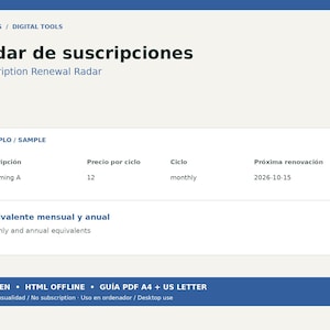 Può includere: Un modello digitale per il monitoraggio del rinnovo degli abbonamenti intitolato Radar de suscripciones e Subscription Renewal Radar. Include una tabella di esempio con colonne per abbonamento, prezzo, ciclo e data di rinnovo.