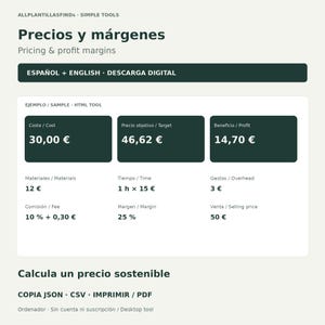 Può includere: Uno strumento digitale per il calcolo di prezzi e margini di profitto con testo e riquadri verde scuro su sfondo chiaro. L'interfaccia mostra campi per costo, prezzo obiettivo e profitto con etichette in spagnolo e inglese, inclusi pulsanti per l'esportazione in JSON, CSV e PDF.