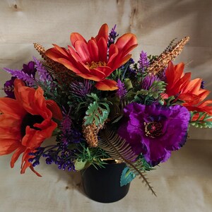 Memorial cemetery pot arrangement for grave - Orange and purple. Artificial/Silk flowers