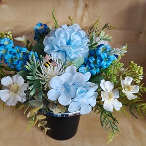 Memorial cemetery pot arrangement for grave - Blue and white. Artificial/Silk flowers