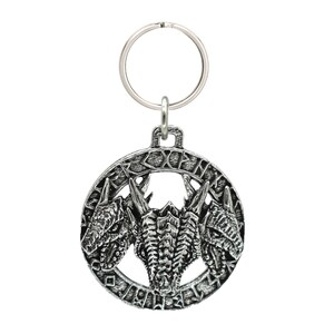 3 Headed Dragon In Runes Keychain, G046KC, 1 3/4 inch, Viking, Norse, Pewter, Key Fob, Key Ring, Keys, Zipper Pull, Luggage Tag, Backpack