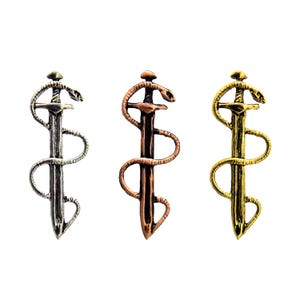 Sword and Snake Pin, Rod of Asclepius, Medicine, Greek, Celtic, Gothic, Viking, Lapel, Brooch, Hat, Handmade in USA, 100+ Gothic Designs