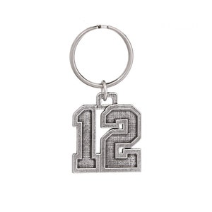 12 Keychain, #12, A1040KC, 2 Inches, Sport, Football Fan, Numerical, Gift, Metal, Key Fob, Key Ring, Keys, Zipper Pull, Pewter, Made in USA