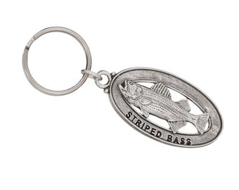 Striped Bass Keychain, S049KC, 2 Inch, Striper, Saltwater Fish, Sport Fishing, Ocean, Sea, Gift, Metal, Zipper Pull, Luggage Tag, Pewter