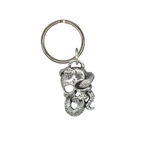 3D Skull With Snake Keychain, G136KC, 1 1/4 inch, Pirate, Death, Metal, Pewter, Key Fob, Key Ring, Keys, Zipper Pull, Luggage Tag, Backpack