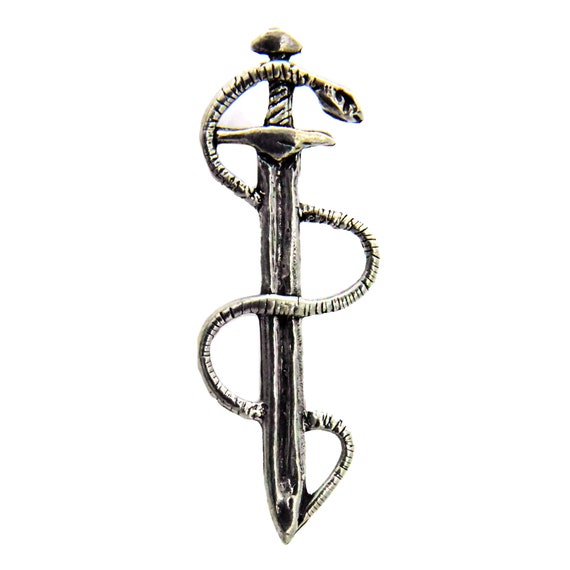 Sword and Snake Pin, Rod of Asclepius, Medicine, Greek, Celtic, Gothic, Viking, Lapel, Brooch, Hat, Handmade in US, 100+ Gothic Designs