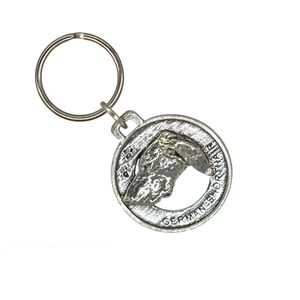 May include: Silver key chain with a German Shorthaired Pointer dog head silhouette. The keychain has a round metal charm with the words "German Shorthaired Pointer" inscribed around the edge.