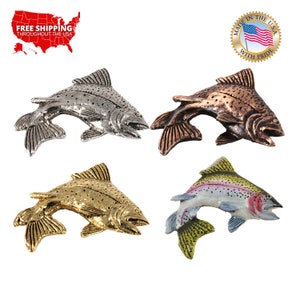Steelhead Forut Pin, Jumping, Large, Zinn, Lapel, Hut, Pins, Brosche, Schmuck, handgefertigt in den USA, 200 Fisch Designs verfügbar. F036PRZ
